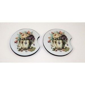 Set Of 2 Flowers In Vintage Vase Absorbent Neoprene Car Coasters 2.75" Coaster